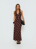 Saviana Halter Ruched Maxi Dress Chocolate Pink Polka Dot