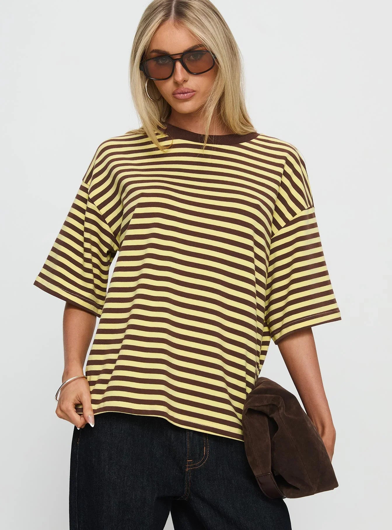 Settle Down Short Sleeve Top Yellow Brown Stripe