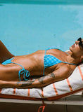 Jenner Tie Side Ruched Bikini Bottom Blue Check