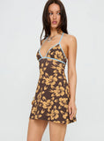 Mishie Halter Mini Dress Brown Blue Floral