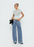 Vianne Cinched Waist Short Sleeve Knit Top Blue Grey Stripe