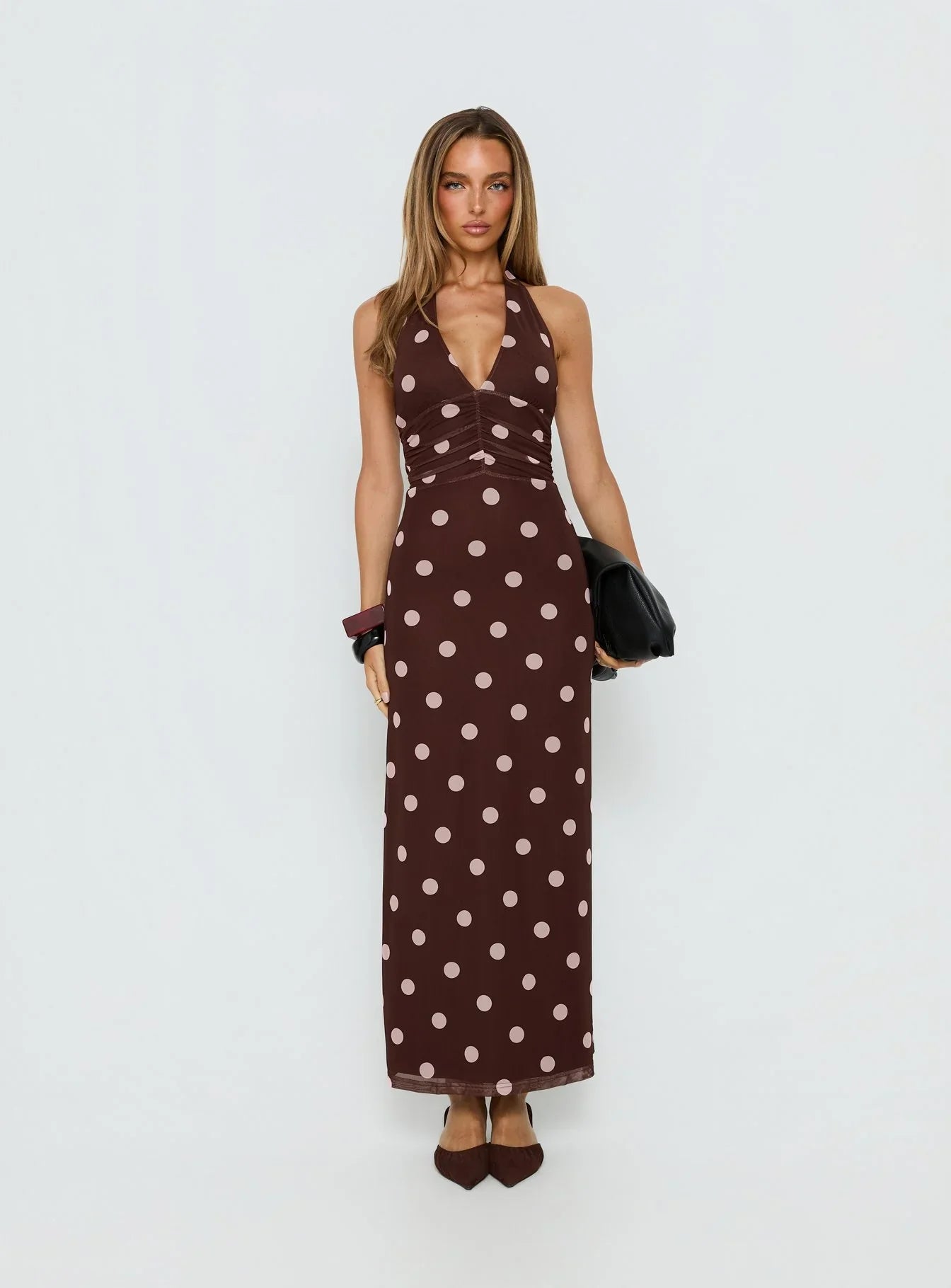 Saviana Halter Ruched Maxi Dress Chocolate Pink Polka Dot