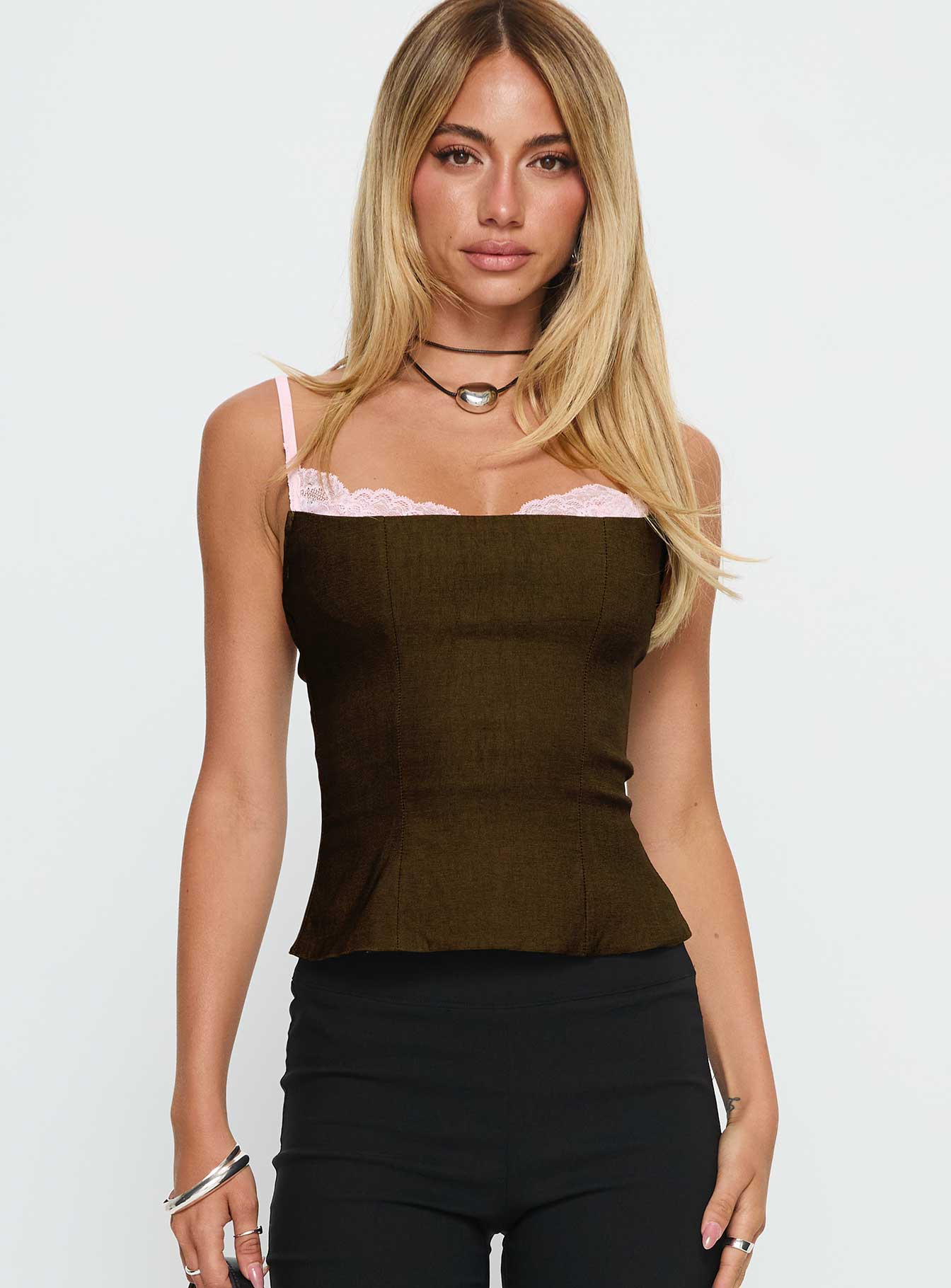 Renaissance Corset Lace Top Olive Pink