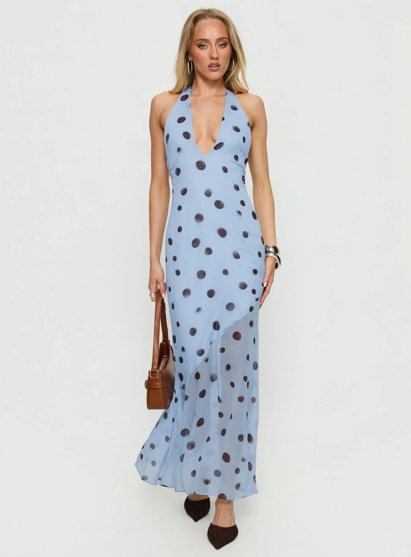 Oralee Halter Sheer Maxi Dress Blue Polka Dot