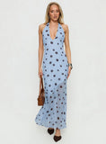 Oralee Halter Sheer Maxi Dress Blue Polka Dot
