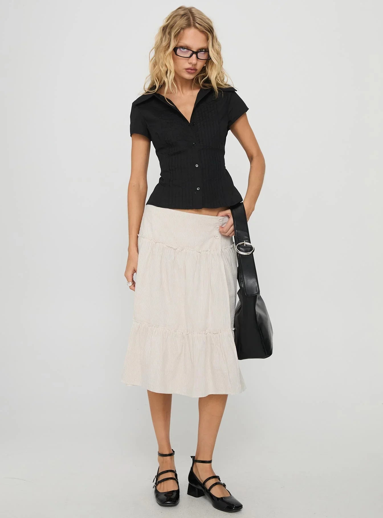 Cascades Low Rise Midi Skirt Beige White Stripe