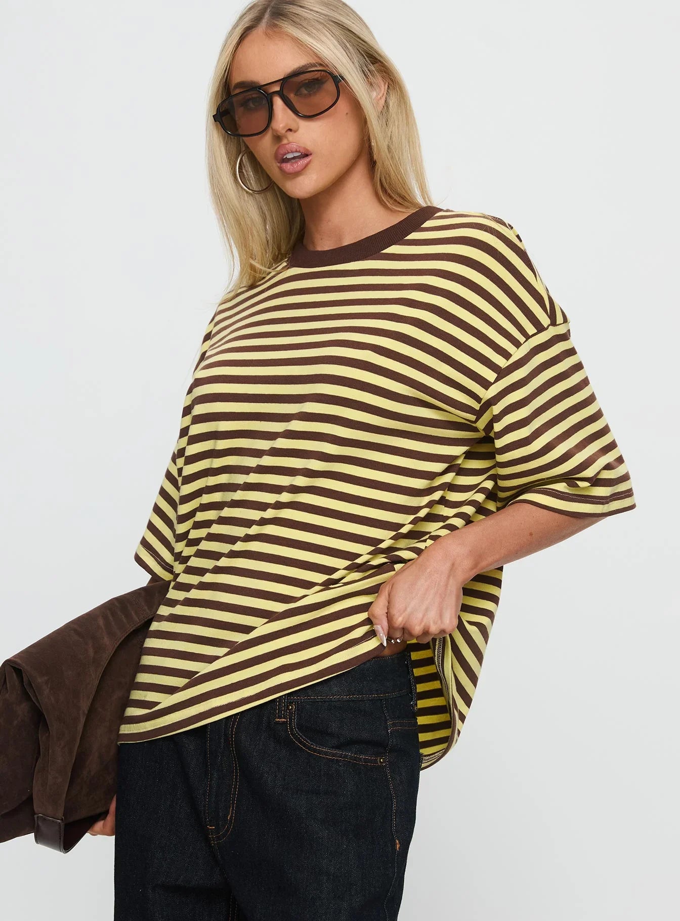 Settle Down Short Sleeve Top Yellow Brown Stripe