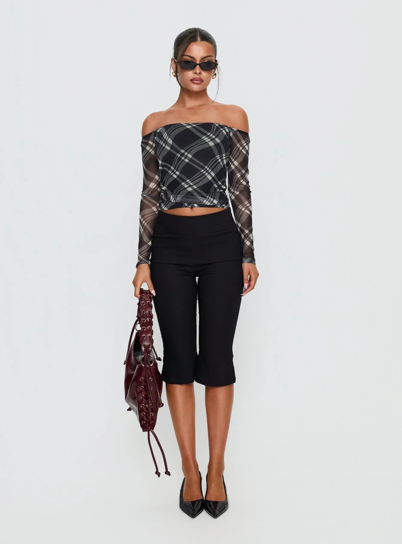 Siarah Off Shoulder Long Sleeve Top Multi Check