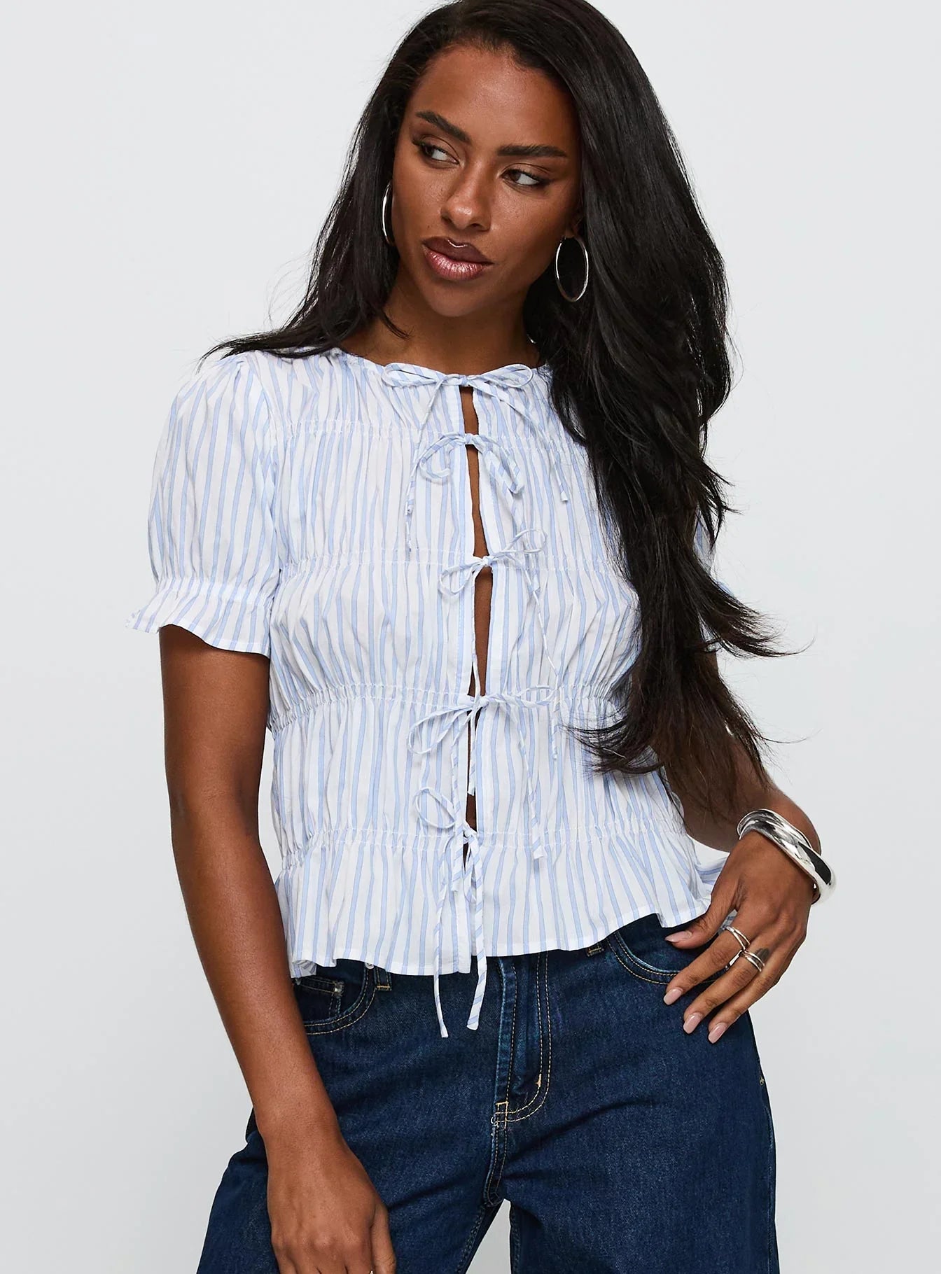 Alistair Bow Tie Top Blue White Stripe