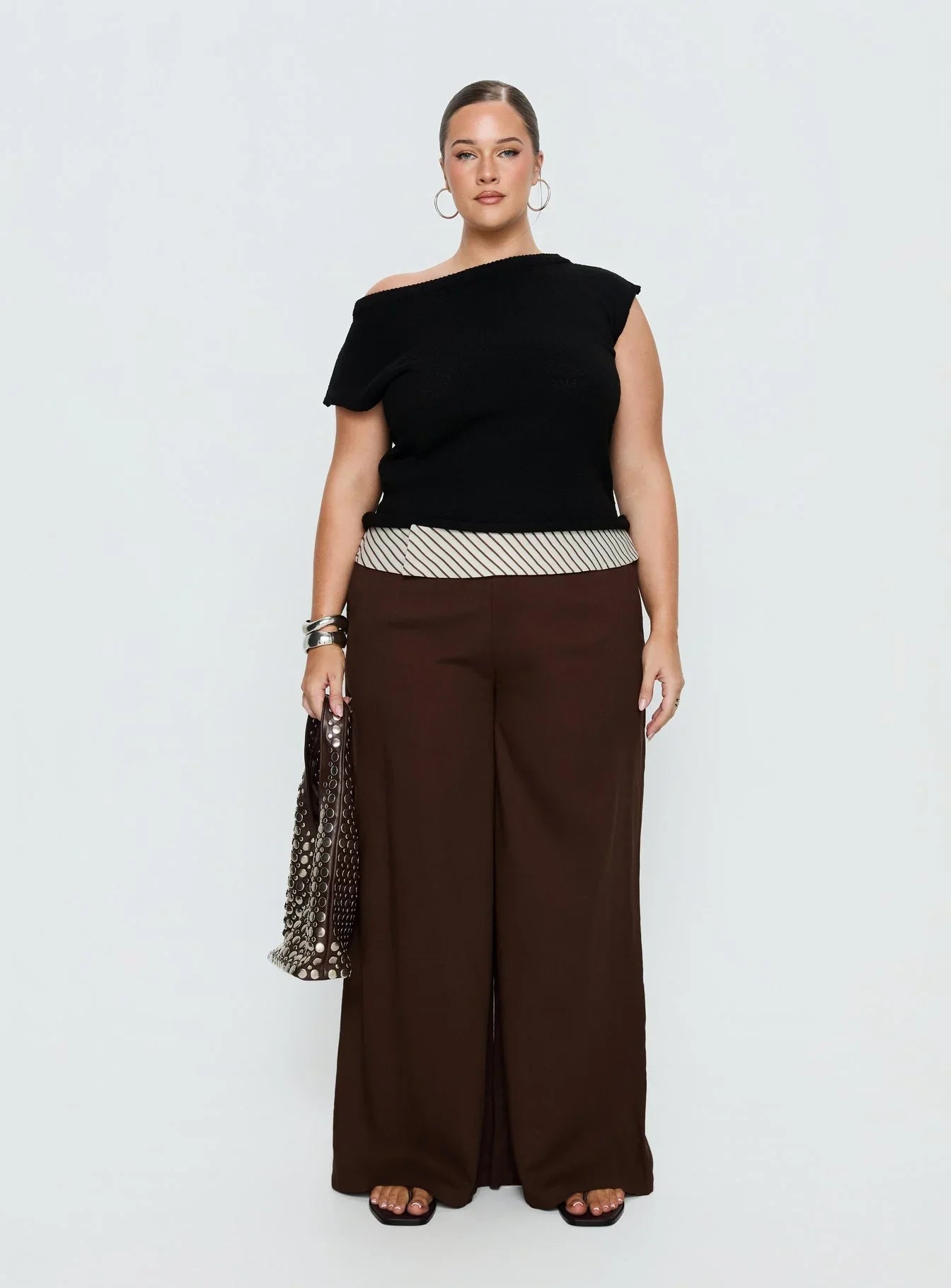 Past Life Fold Over Waistband Pant Brown Stripe Curve