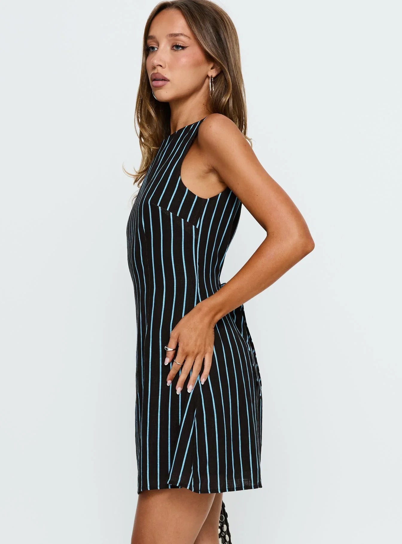Alfalfa Shift Mini Dress Brown Blue Stripe