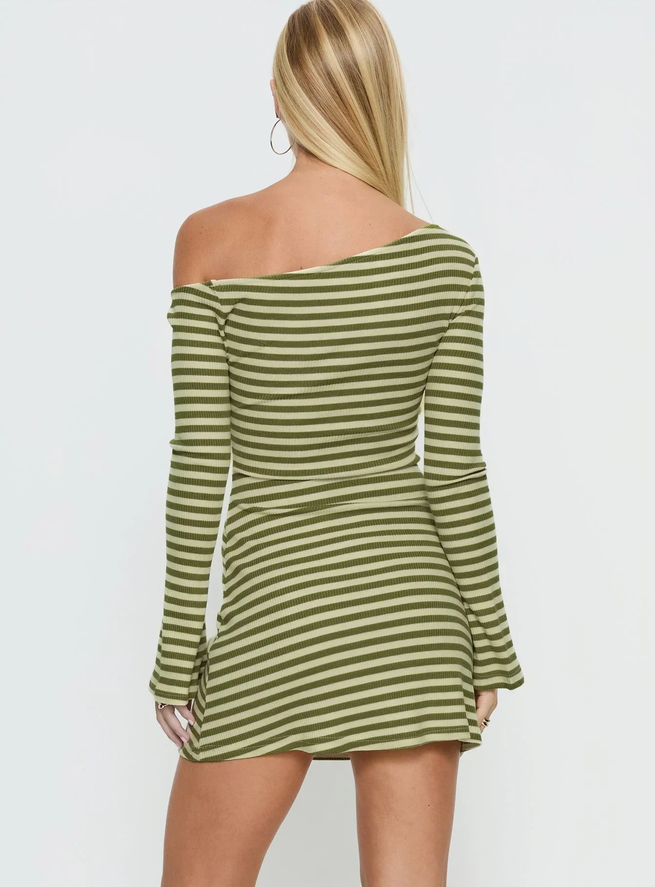 Adrietta Long Sleeve Off Shoulder Mini Dress Cream Matcha Stripe
