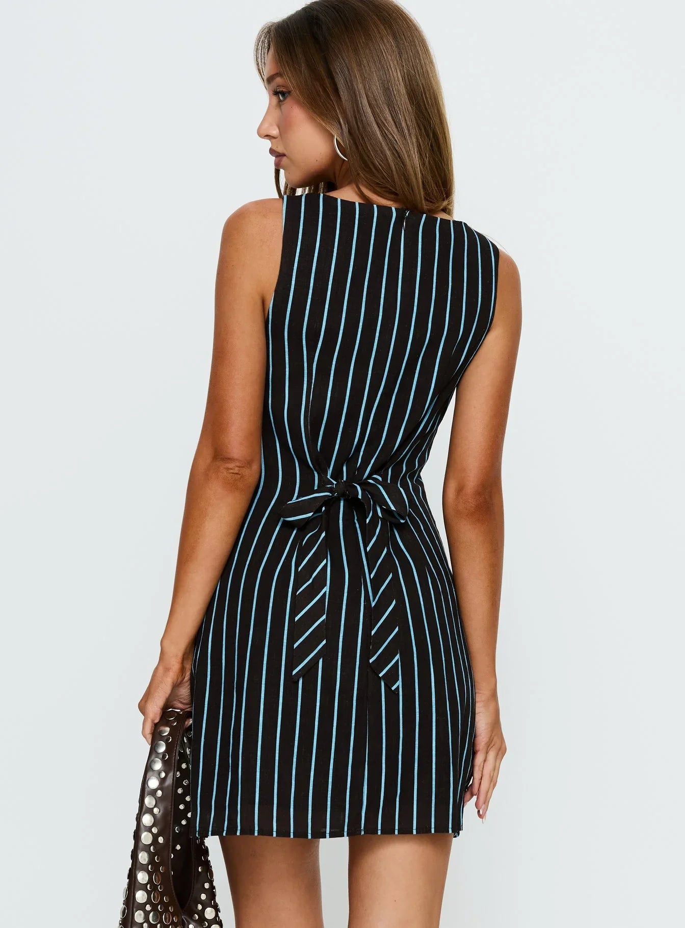 Alfalfa Shift Mini Dress Brown Blue Stripe