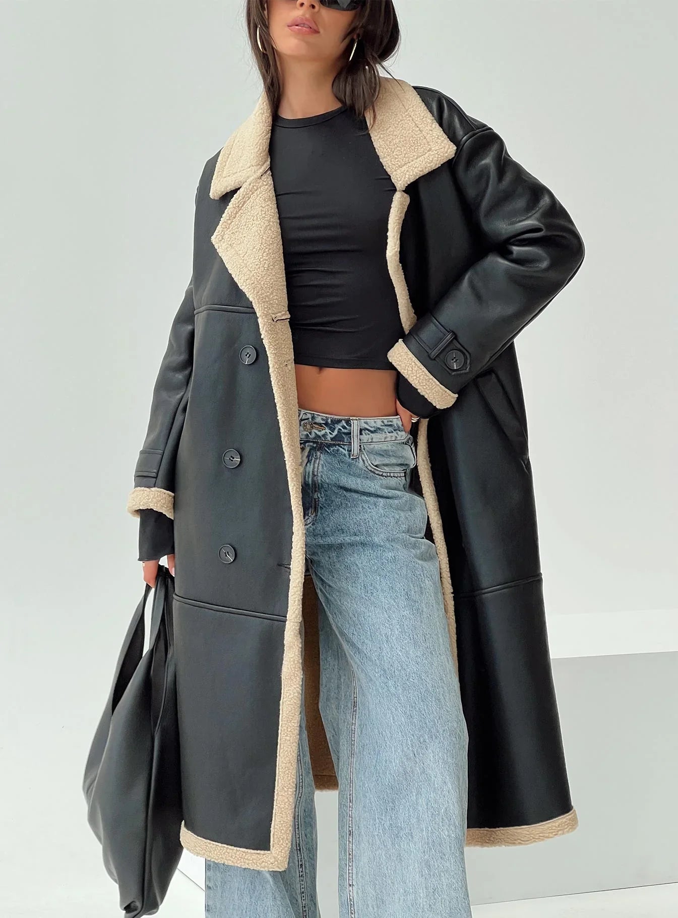 Day n Night Longline Shearling Coat Black