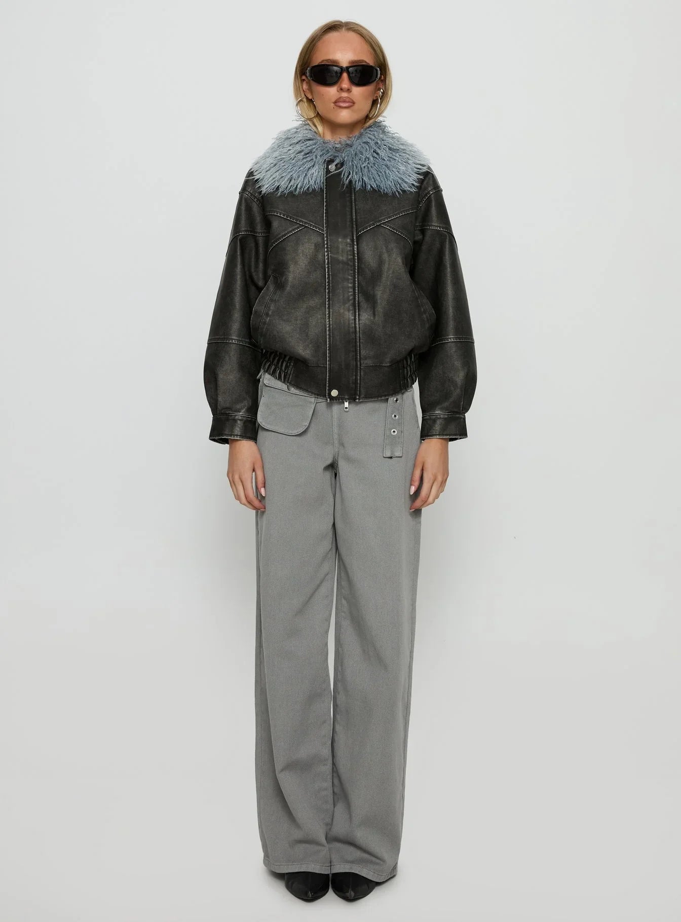 Brittanni Fluffy Collar Jacket Black Blue