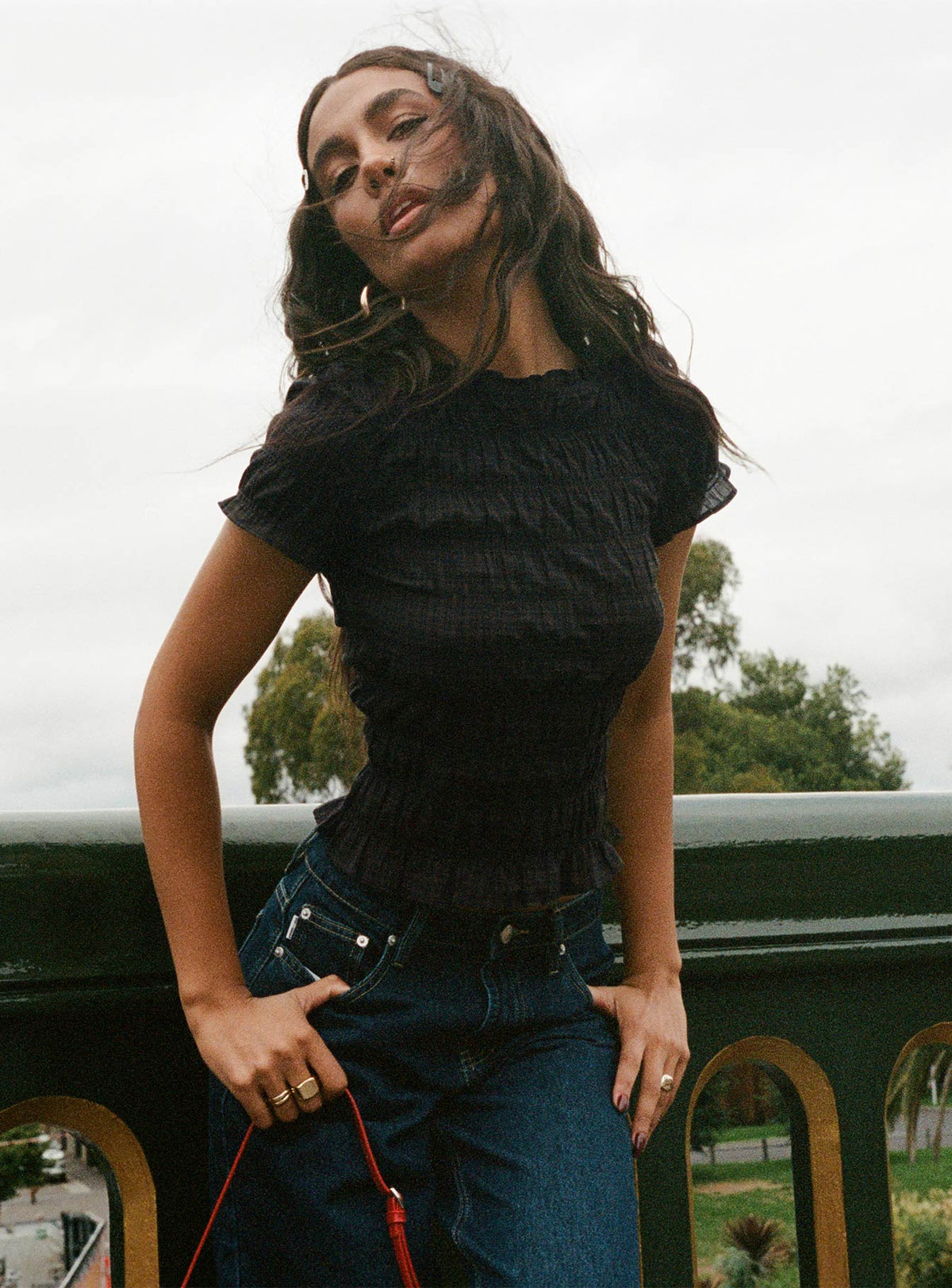 Romelle Shirred Top Black Brown Plaid Petite
