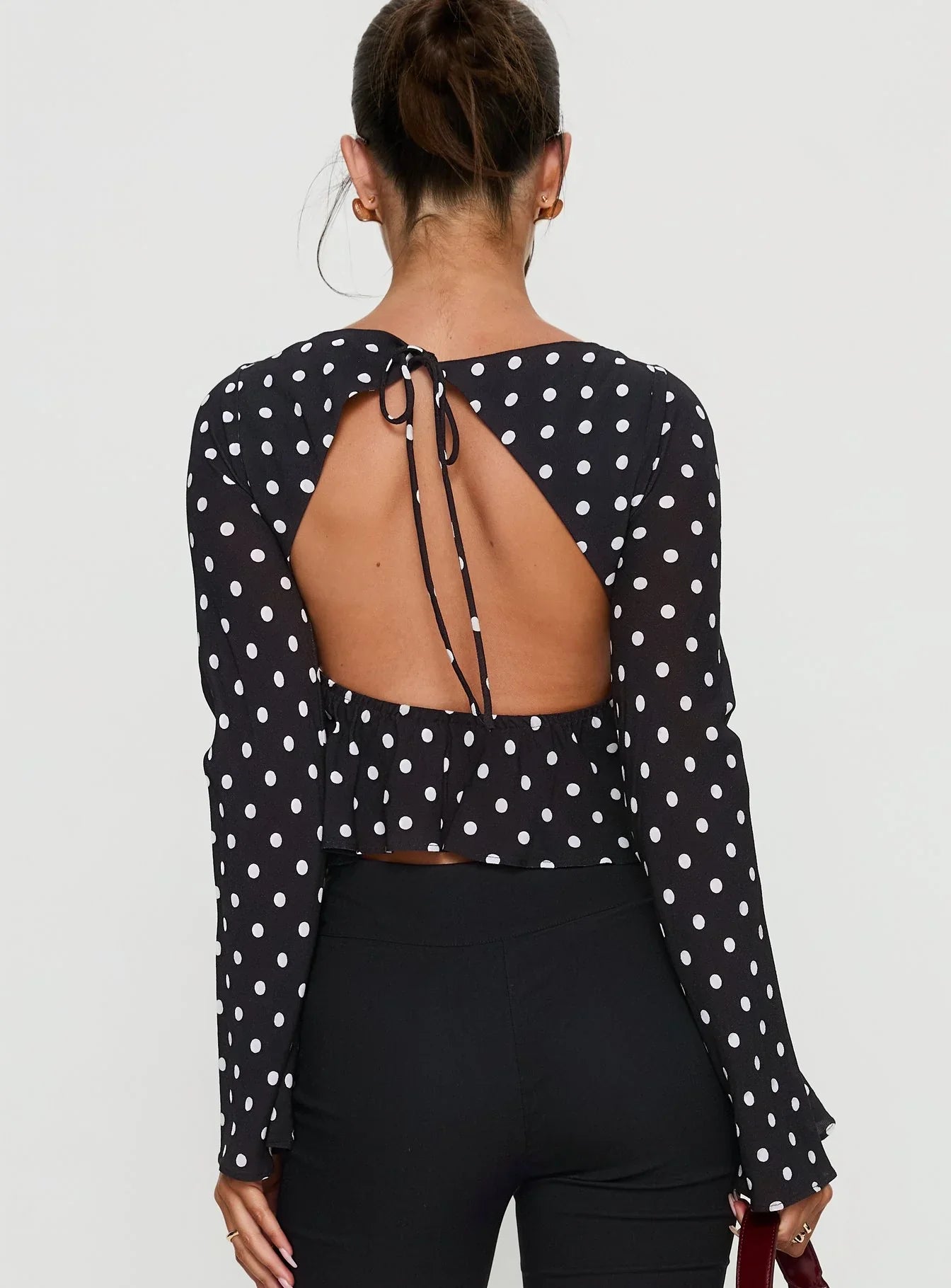 Lady Lady Long Sleeve Backless Top Black White Polka