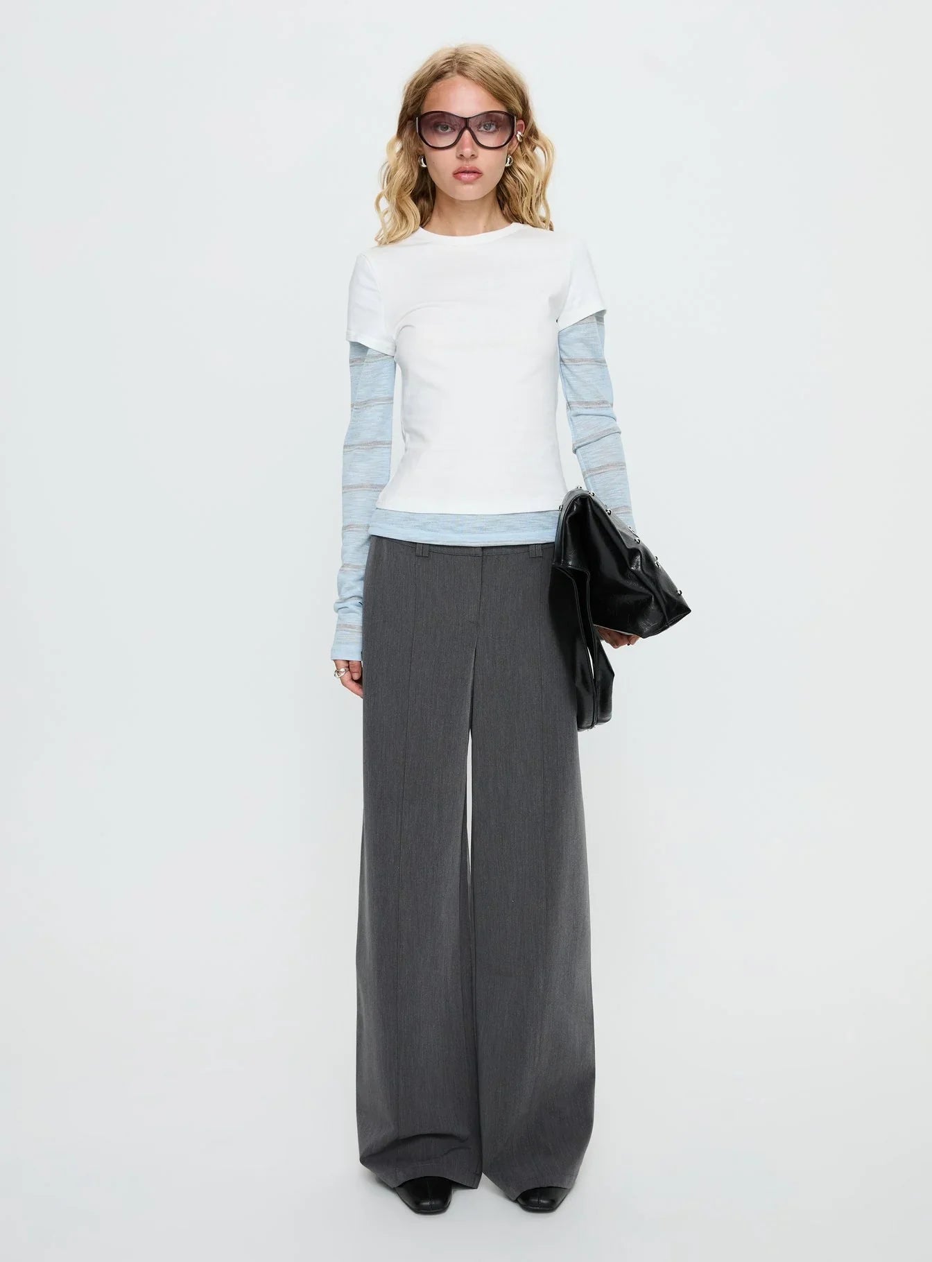 Caisey Layered Long Sleeve Top White Blue Stripe