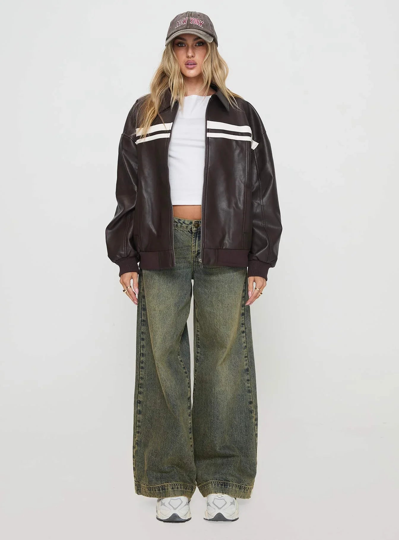 Goldsmith Faux Leather Bomber Jacket Chocolate White