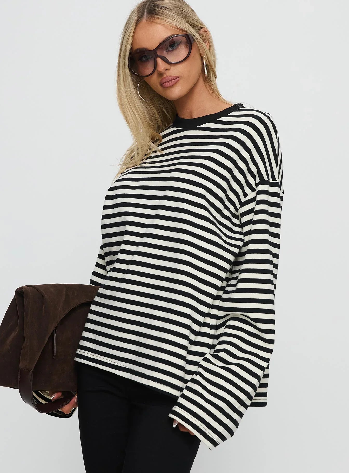 Settle Down Long Sleeve Top Black White Stripe