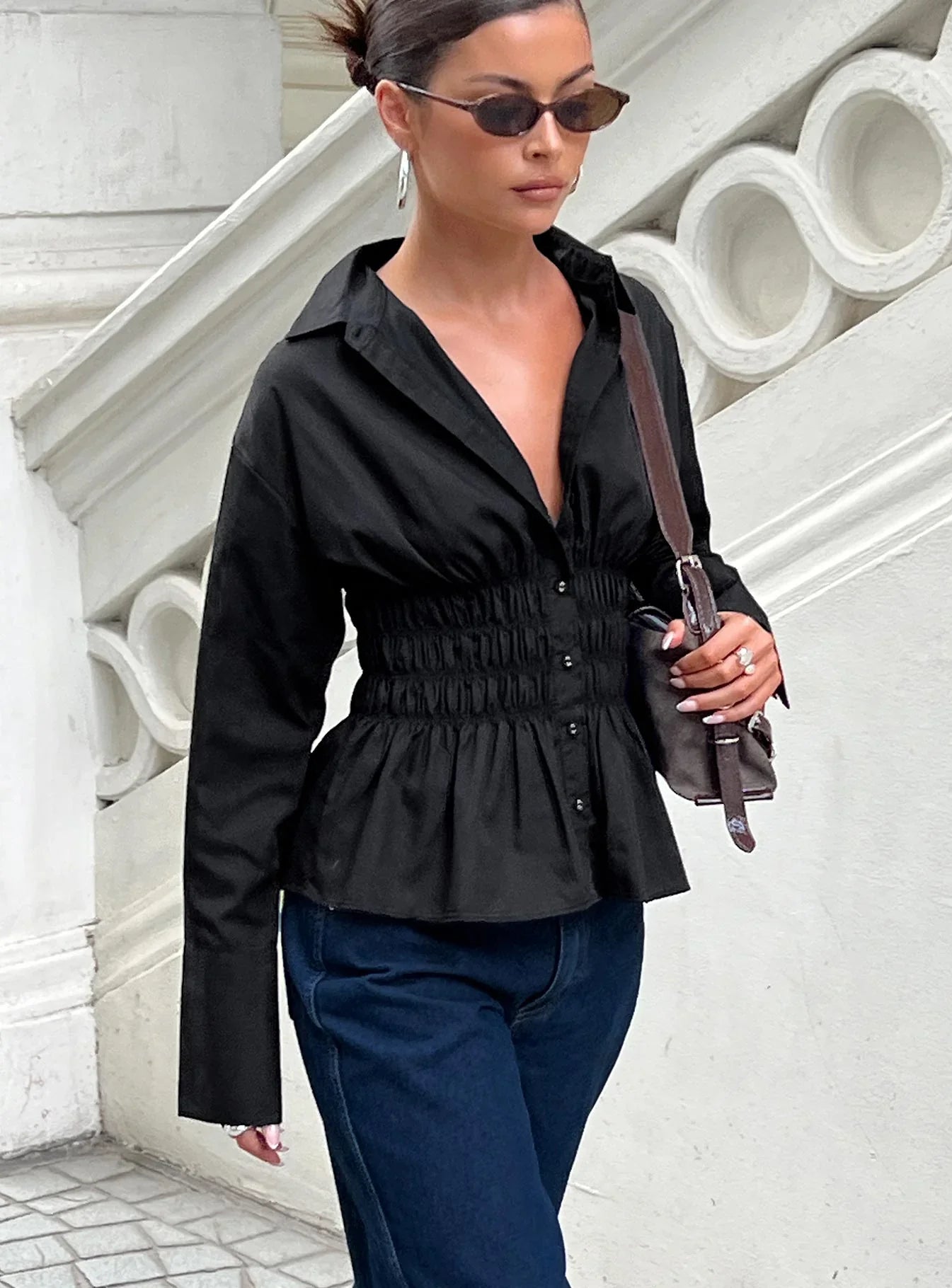 As You Are Shirred Button Up Top Black