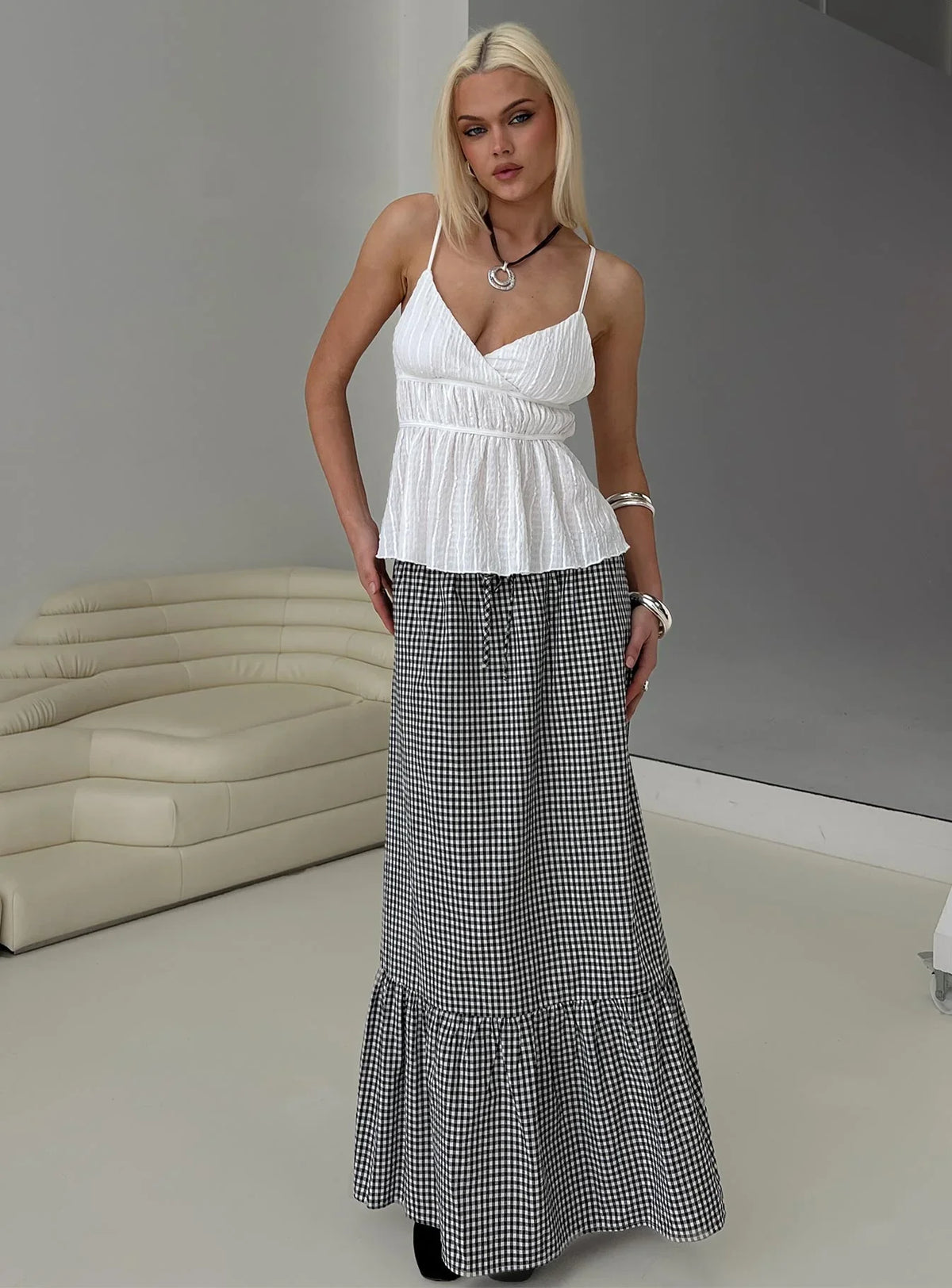Modern Girl Maxi Skirt Black White Gingham