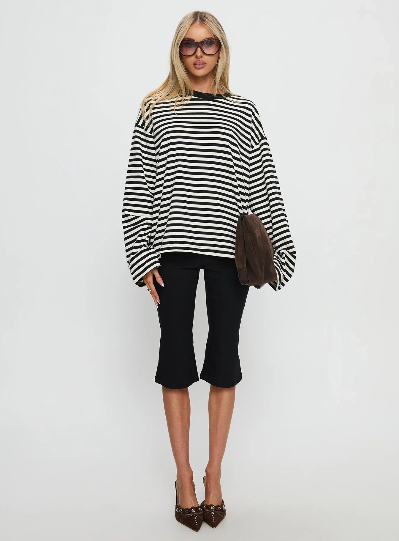 Settle Down Long Sleeve Top Black White Stripe
