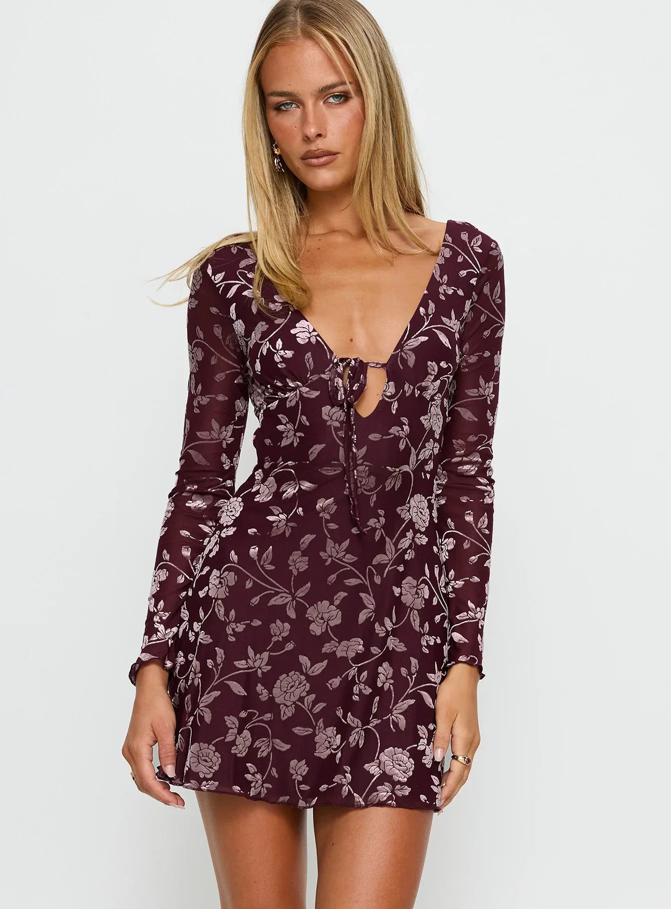 Raylena Long Sleeve V neck Mini Dress Burgundy Floral