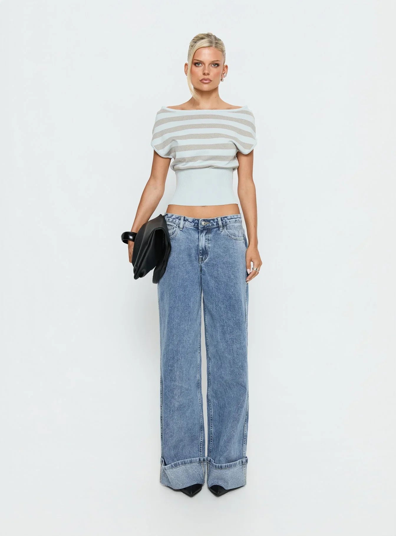 Vianne Cinched Waist Short Sleeve Knit Top Blue Grey Stripe