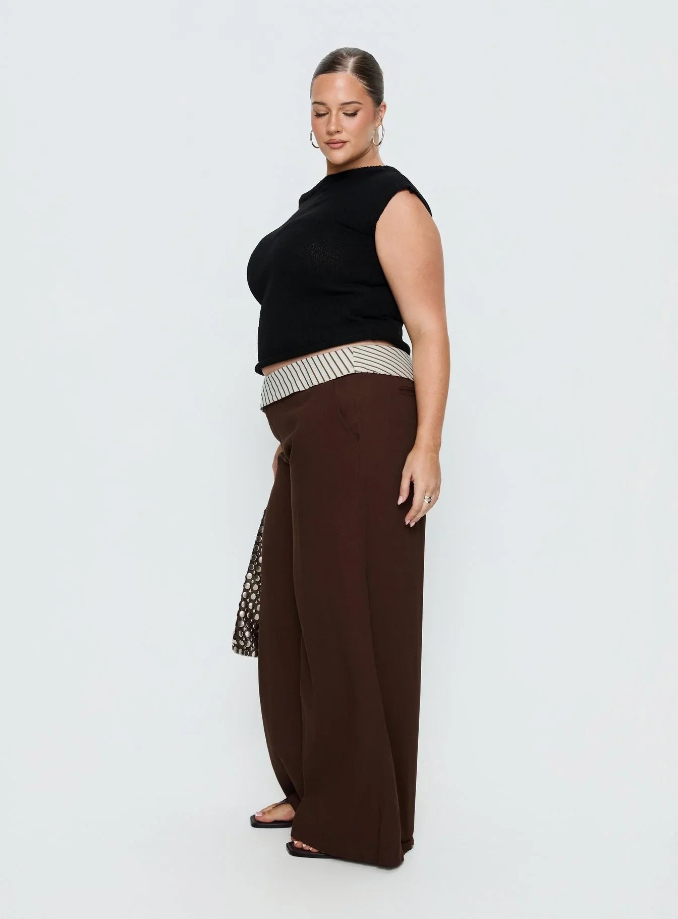 Past Life Fold Over Waistband Pant Brown Stripe Curve