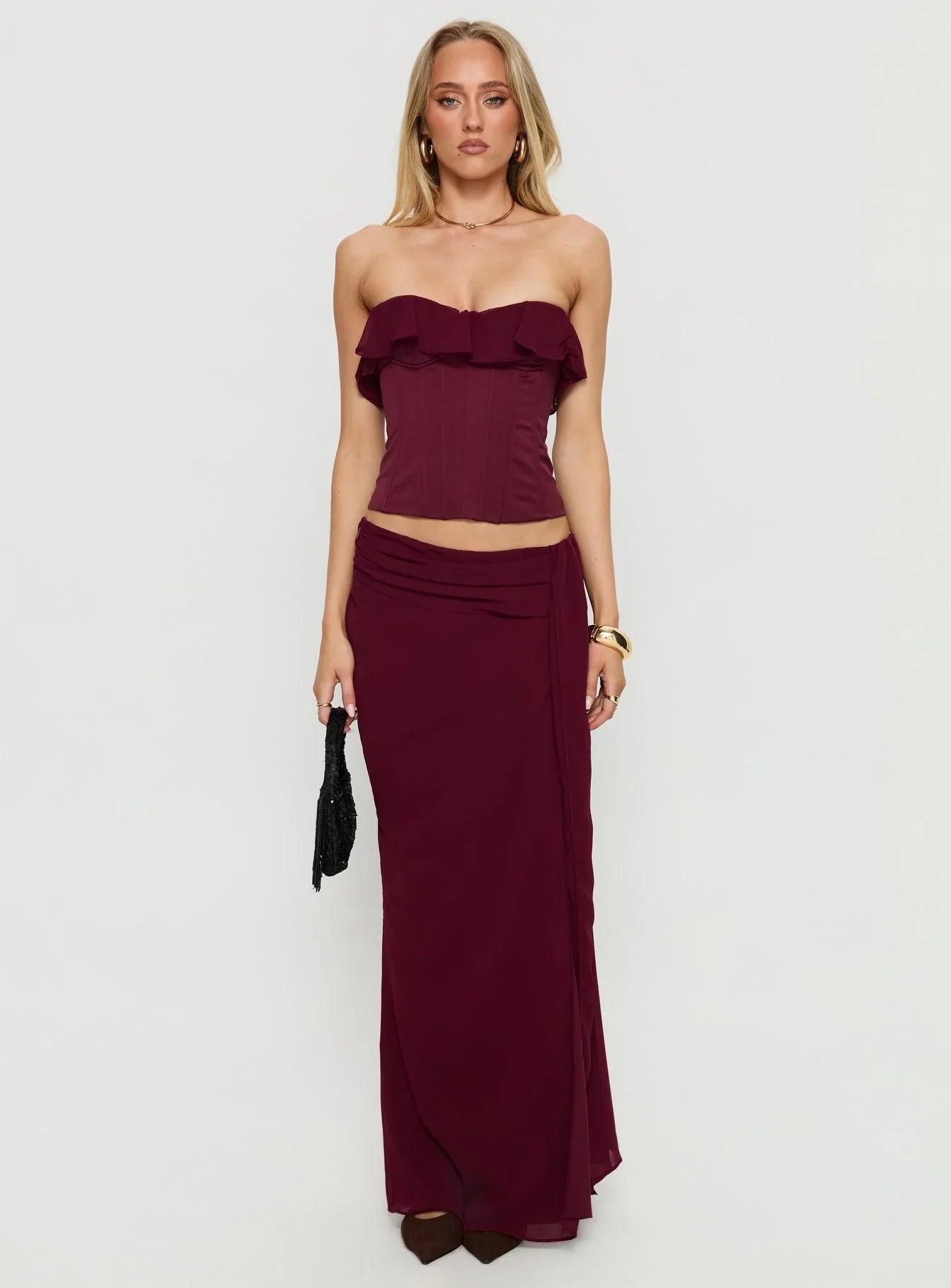 Holliann Strapless Frill Corset Top Wine