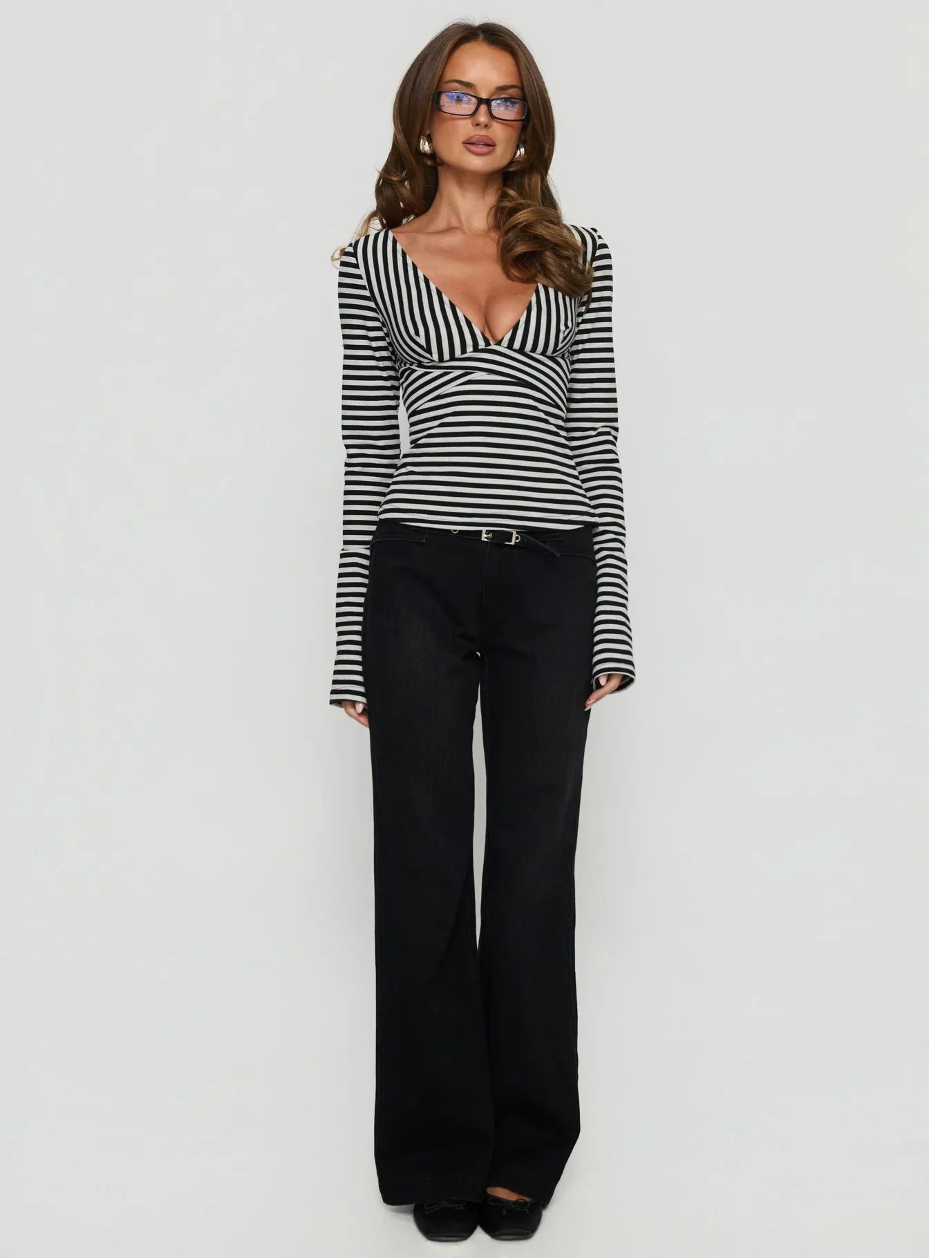 Madelon Long Sleeve Wrap Top Black Grey Stripe